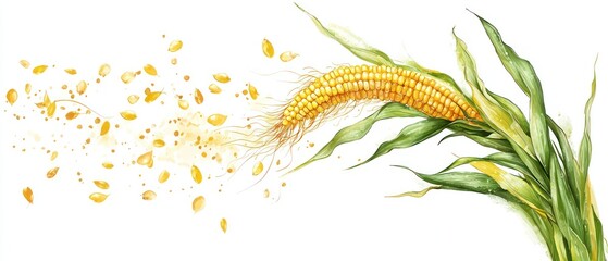 Obraz premium A watercolor illustration of corn with flowing leaves and scattered kernels.