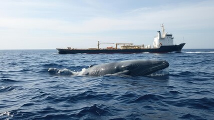 Fototapeta premium Gray whale surface feeding on a partially submerged oil tanker in the ocean, aquatic animals, whale behavior, marine mammals