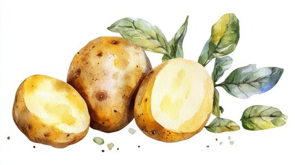 Freshly harvested potatoes with green leaves artistic representation in watercolor style