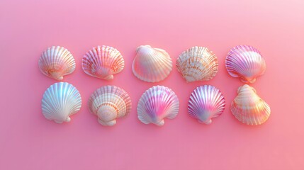 Ten iridescent shells arranged in two rows on a pastel pink background. Copy space, y2k, summer concept.