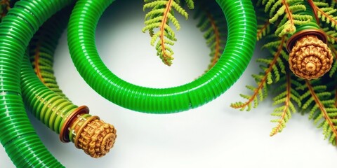 Obraz premium Green coiled rubber hose winding around governor fern stems, governor ferns, garden irrigation accessories