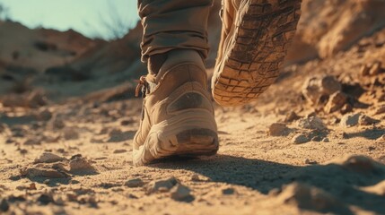 Hiking on a sandy trail at sunset with textured footwear leaving footprints behind in a natural landscape