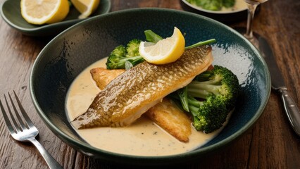 Delicious grilled fish fillet on a bed of crispy potatoes and steamed broccoli garnished with lemon slices in a deep green bowl on a wooden table.