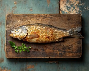 Spoiled fish on a cutting board, clearly displaying signs of decay and a slimy texture, highlighting the importance of seafood safety, storage issues, and the concept of freshness.