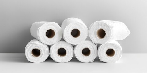 Six rolls of white paper towels stacked on a light surface against a gray background.