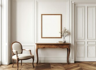Design an interior of a modern room with a brown wooden console table, an armchair, and a beautiful plant in the corner on a parquet floor near a white wall with a poster frame mockup and elegant pers
