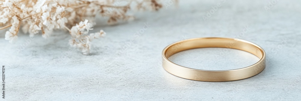 Poster elegant gold cuff showcases minimalistic design on a soft grey surface, surrounded by delicate natur