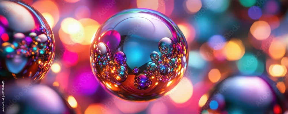 Poster vibrant spheres reflecting colorful lights and abstract bokeh background
