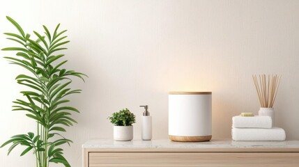 Sustainable home minimalist idea. A serene indoor space featuring a plant, lamp, and decorative items on a wooden surface.