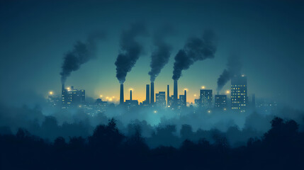 Night factory pollution, city skyline, fog, trees