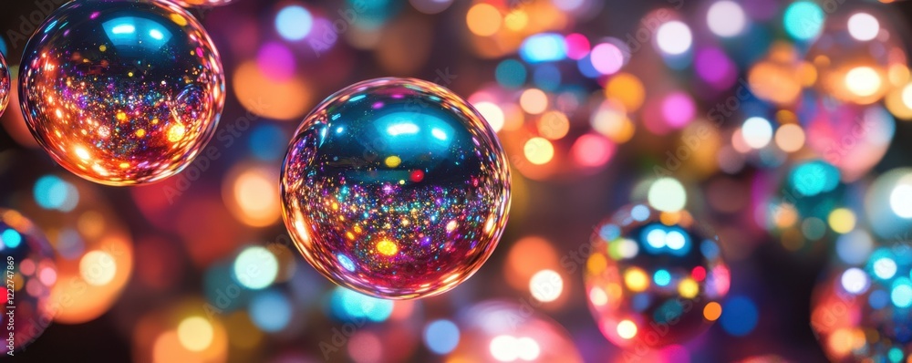 Poster vibrant multicolored bokeh and reflective spheres in abstract light display