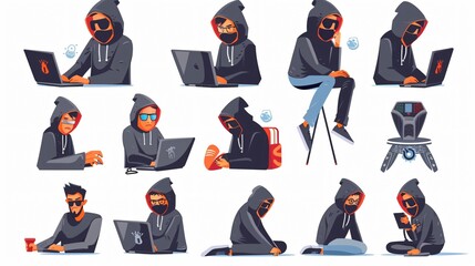 Obraz premium Cyber Crime Hacker Cartoon Vector Set in Hoodie - Technology Security Concepts