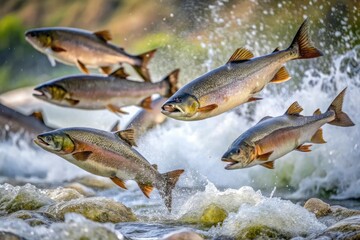 Group of salmon jumping out of the water with visible slime coating their bodies, fish, texture, jump