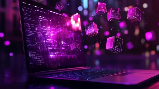 Digital abstract with floating cubes and glowing code projected from a laptop at night in a vibrant tech environment