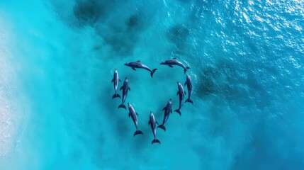 Top view of an ocean with dolphins forming a heart shape.