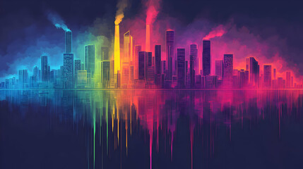 Fototapeta premium Neon Cityscape, Pollution Reflection, Night, Art, Wallpaper