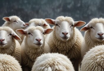 Obraz premium Group of white sheep huddled together during a light rain shower, flock, weather, shower, countryside, group