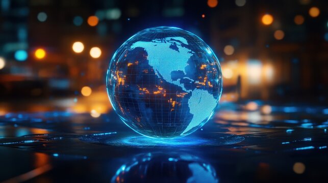 Glowing blue business chart hologram with globe on blurry background. Stock, trade and finance concept. 3D Rendering illustration - Powered by Adobe