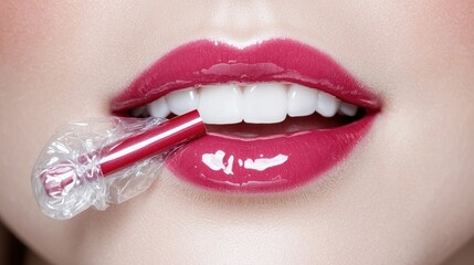 Naklejka premium Woman with glossy pink lipstick bites down on a wrapped sweet candy in a close-up studio beauty shot.