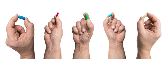 Collage of male hands holding a medicine capsule, an antibiotic pill, or a painkiller, isolated on...
