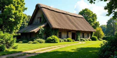 A large plantation barn with a thatched roof and overgrown surroundings, roof, farm