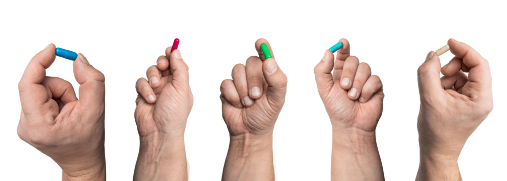 Collage of male hands holding a medicine capsule, an antibiotic pill, or a painkiller, isolated on a transparent  background. Healthcare and treatment concept