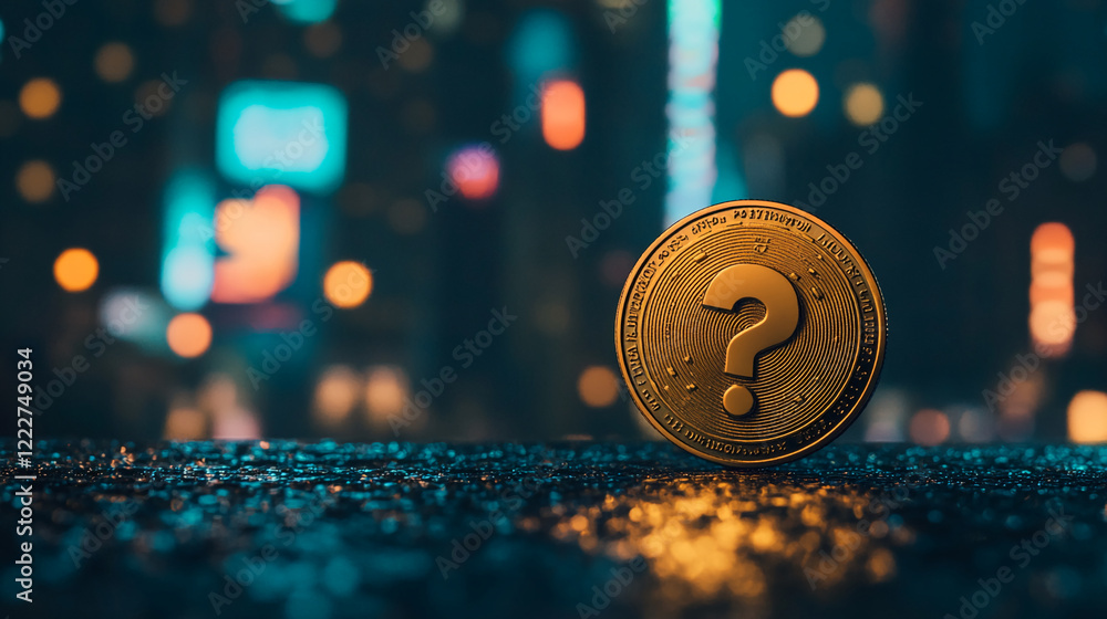 Poster cryptocurrency coin with a question mark symbolizing digital finance uncertainty