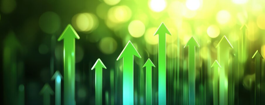 Green arrows pointing upwards against a bright bokeh background