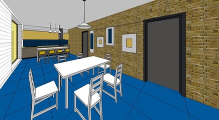 interior kitchen living room 3d illustration	

