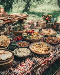 A cultural picnic with traditional foods and decorations
