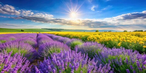 Fototapeta premium Fresh lavender fields on a sunny day with yellow wildflowers and green grass , greenery, field, greenery, field