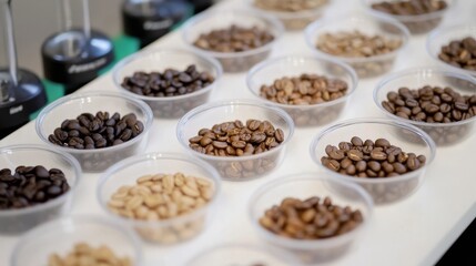 Coffee bean variety display featuring multiple roasting levels at a tasting event in a local community