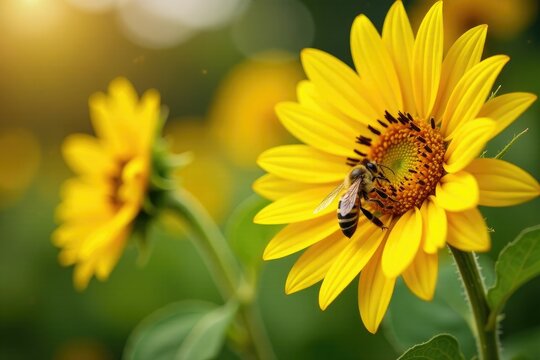 Bees collecting nectar from sunflowers in a garden, bees, pollination