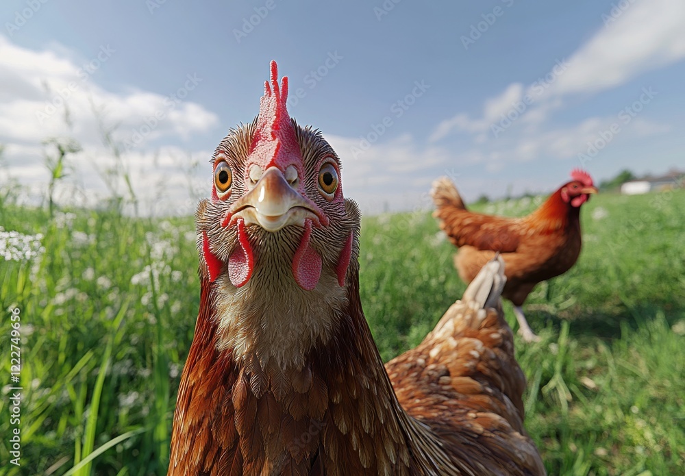Poster close-up of a curious chicken in a lush green field with another hen in the background under a clear