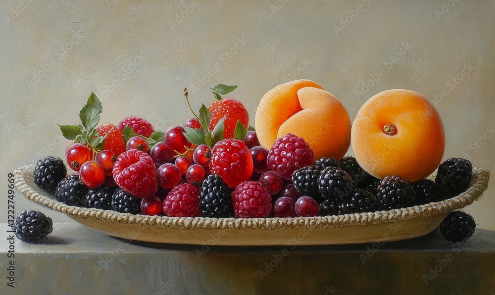 Poster freshly washed assorted berries and a ripe apricot on display
