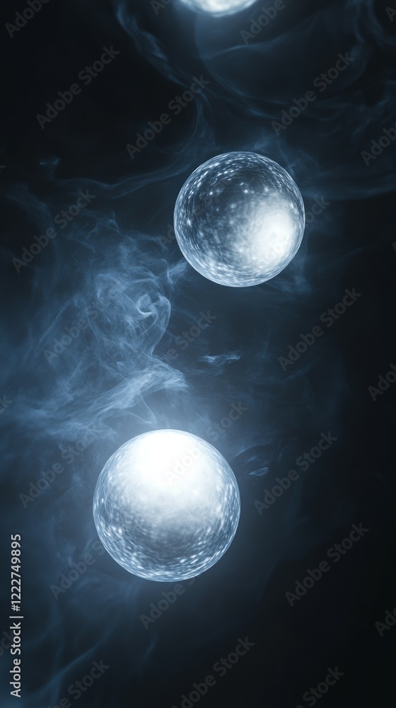 Poster luminescent orbs floating in darkness, emitting radiant light streams, abstract interplay of brightn