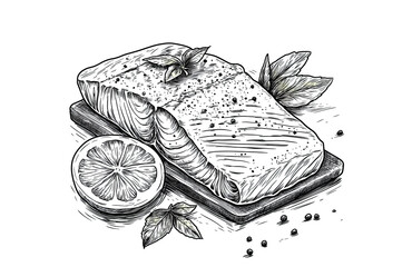 Seafood, salmon steak. Vintage retro print, seafood cuisine, grilled salmon steak, sketch ink pencil style drawing, linear, engrave old school. Sketch artwork silhouette salmon steak. Illustration