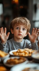 Child sitting at the dinner table refusing to eat food, suspecting spoilage, subtle storytelling concept for food poisoning risks.