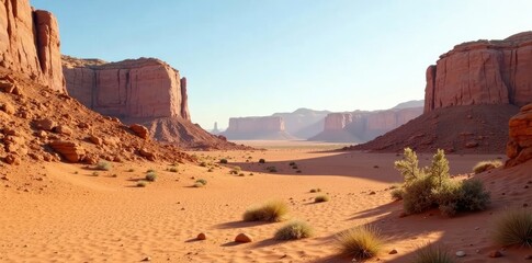 Fototapeta premium Brown dry soil and rocky outcrops in a desert landscape, desert rocks, brown soil