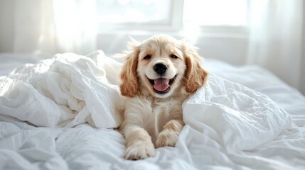 Cute happy playful puppy Cocker Spaniel puppy dog on white bed. Funny moments of a dog. copy space. lovely pet.