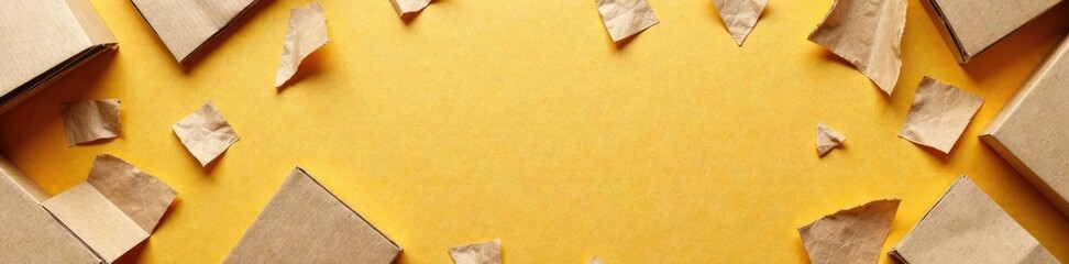 Brown ribbed cardboard fragments scattered on ground, paper texture, scattered pieces, cardboard fragments