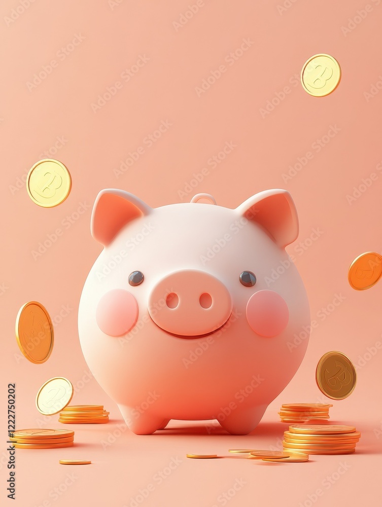 Poster 3d cartoon style piggy bank saving icon with coins. isolated minimal background. banking and busines