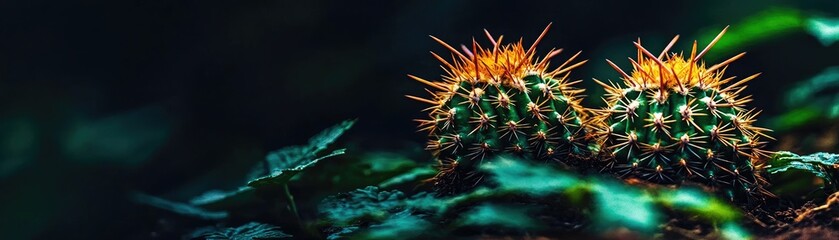 Obraz premium Two cacti in dark foliage, nature background. Website banner
