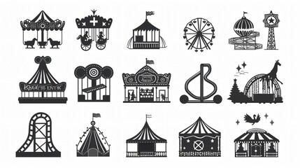 Amusement Park Black Icons: Iconic Recreation Fun Attractions