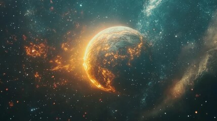 Obraz premium Exploring the vibrant glow of a planet surrounded by cosmic wonders in a dark universe