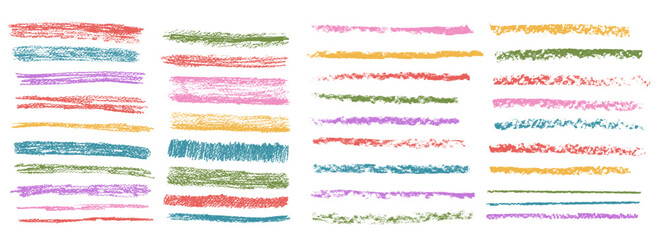 Crayon underline set. Pencil straight scribble lines pack. Vector hand drawn multi colors brush stroke collection illustration isolated on white background. Kids highlights handwritten shape elements.