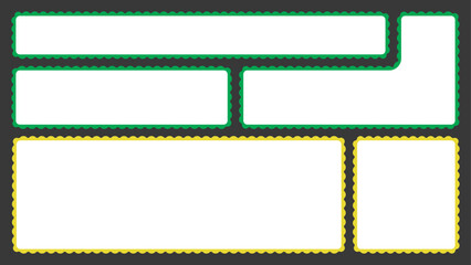 Scallop edged frame template set. Bento box rectangle borders shapes. Geometry modular moodboard with perforation. Lace frill pack. Trendy blocks blank layout. Vector flat illustration.