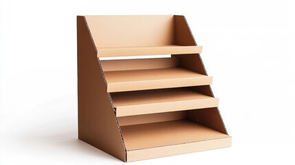Display stand made of cardboard showcasing multiple shelves for retail purposes in a store setting