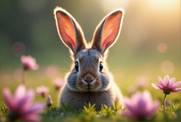 Obraz premium Young Brown Rabbit in a Field of Pink Flowers