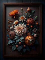 Vibrant wall panel featuring a colorful floral arrangement with intricate textures and warm tones